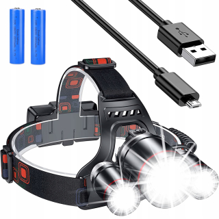 Čelovka, svítilna 3 x LED T6 CREE dobíjecí baterie s usb portem + usb kabel